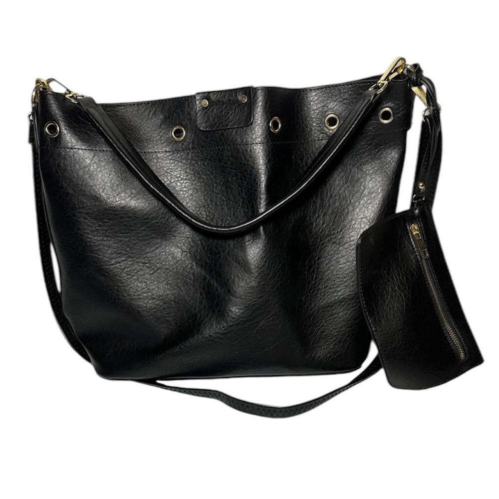 Black vegan leather shoulder/crossbody bucket bag purse w detachable coin purse